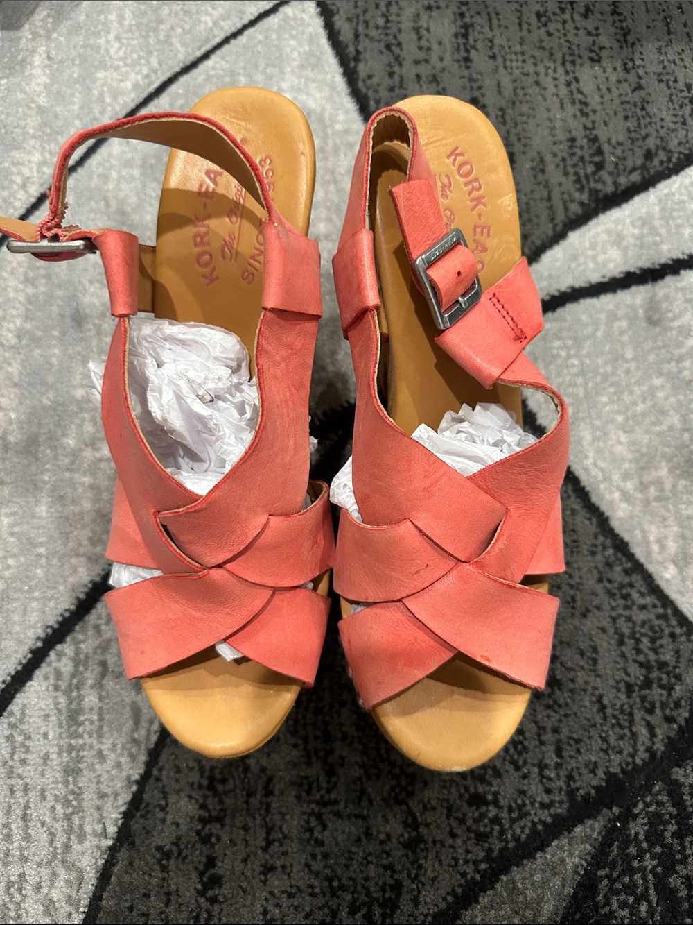 Kork-Ease Coral/Pink Woven Leather Wedge Sandals
